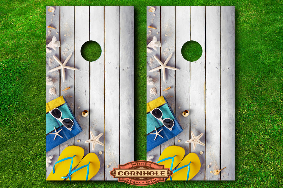 starfish-sandals-hat-on-wood-cornhole-decals
