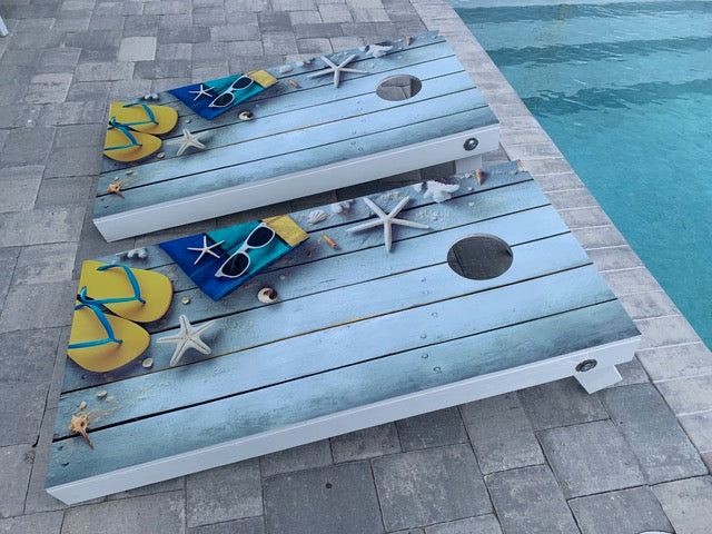 White Wood, Beach Sandals, Starfish Sunglasses Cornhole Decals