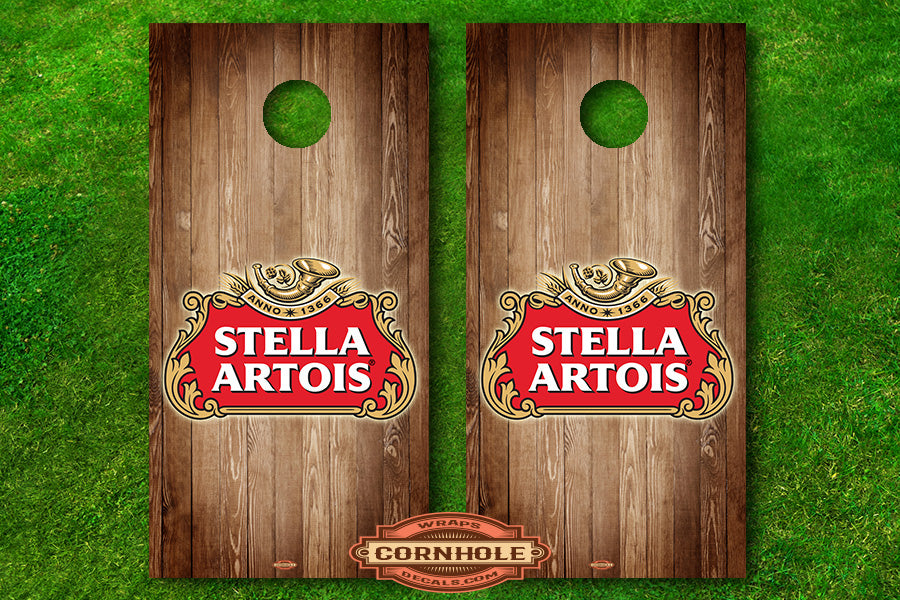 Brown Wooden Stella Artois Cornhole Board Wrap Decals