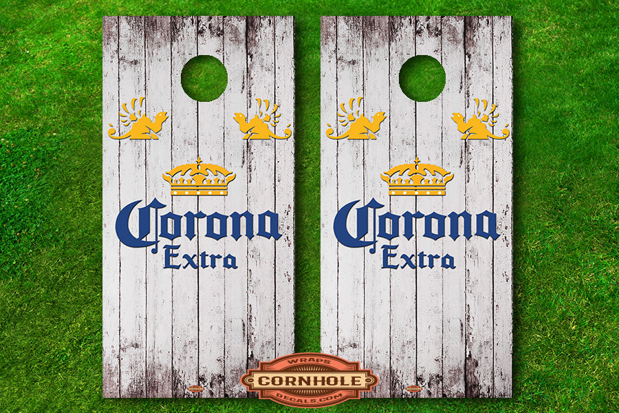 White Wooden Corona Extra decal wrap cornhole board
