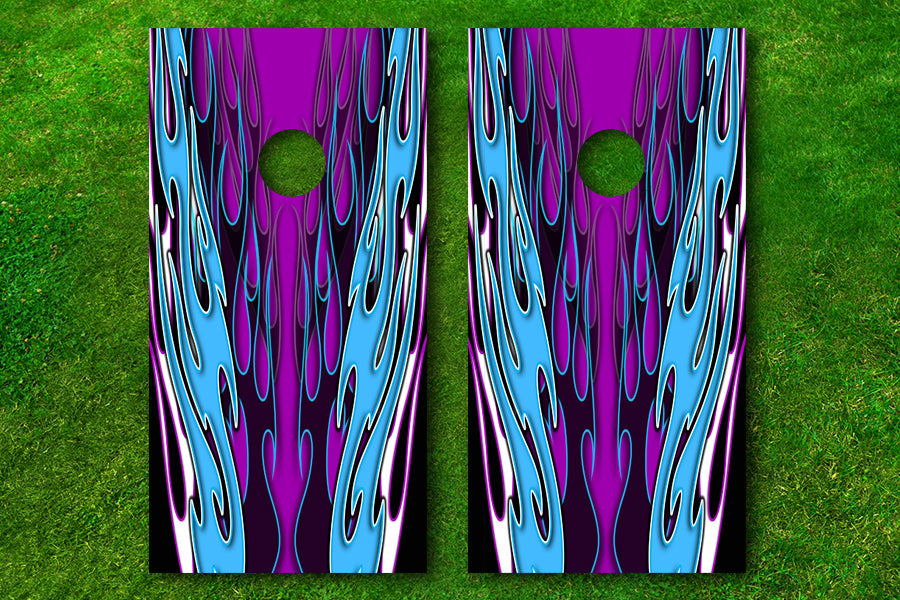 Blue Triple Flames Cornhole Decal Wrap