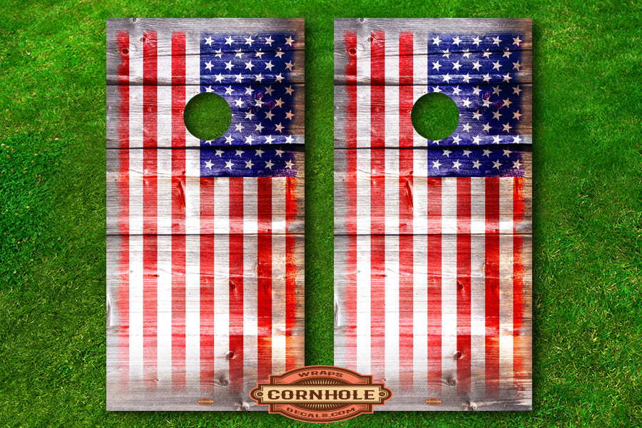 american flag on wood cornhole wrap decal