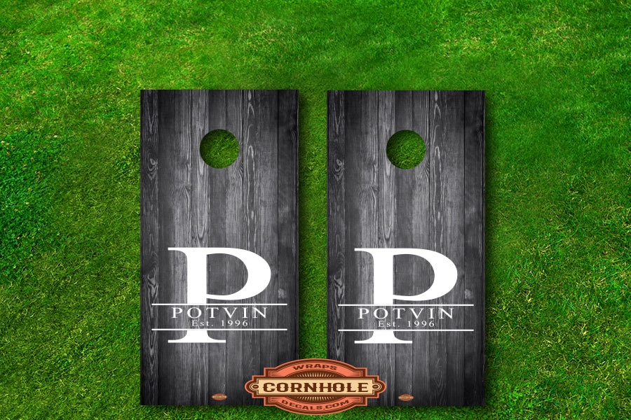 Family Last Name Monogram Dark Wood Cornhole Board Decal