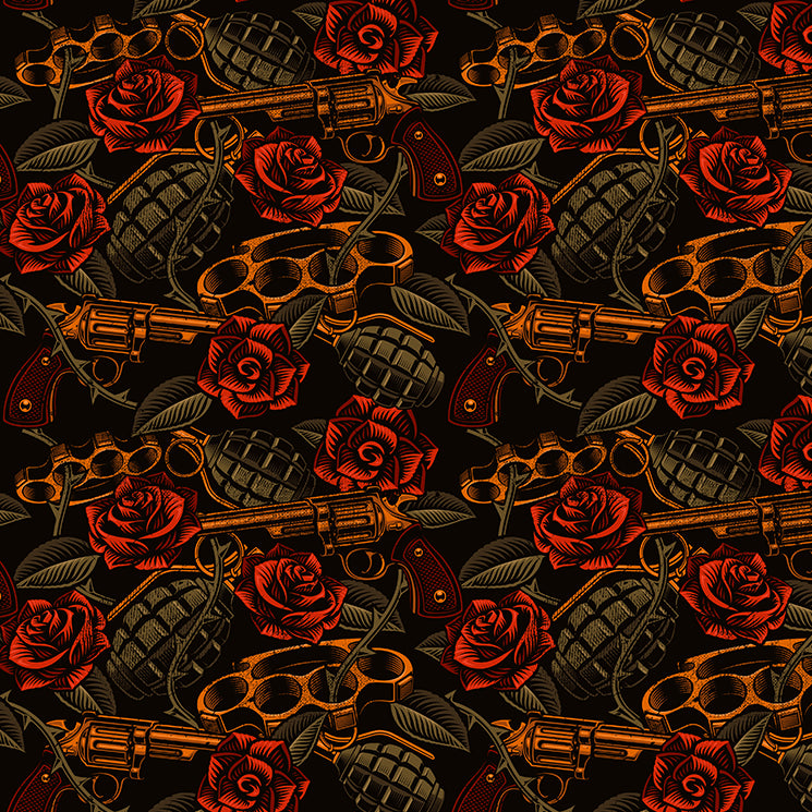 guns, grenades and brass knuckles cornhole wraps decals closeup