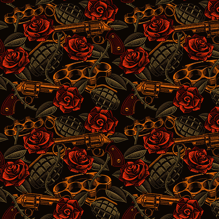 guns, grenades and brass knuckles cornhole wraps decals closeup