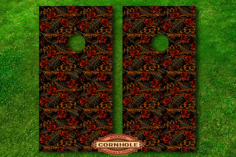 guns, grenades and brass knuckles cornhole wraps decals