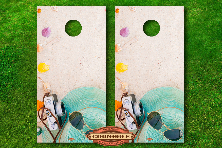 Sunglasses, Sand and Seashells Cornhole Board Decals
