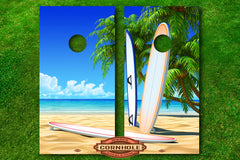 surfboards and beach cornhole board decals wraps
