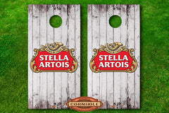 White Wooden Stella Artois Cornhole Board Wrap Decals