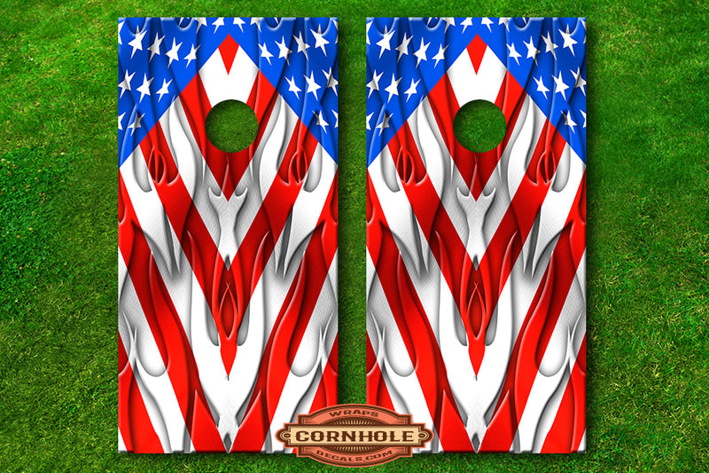 american flag on wood cornhole wrap decal