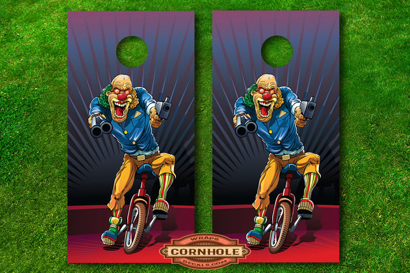 Creepy killer clown cornhole board wraps